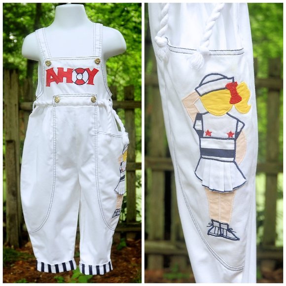 Vintage 80s Girls AHOY White Sailor Nautical Overalls 2T Sailor Girl on Left Leg